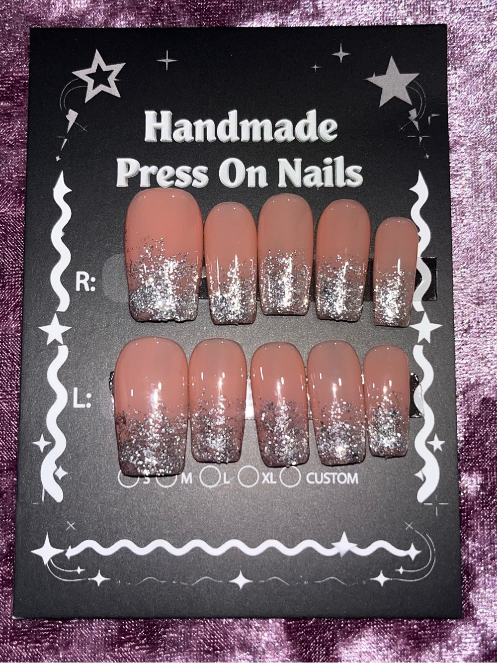 Handmade Press On Nails - Blush Pink with Silver Glitter